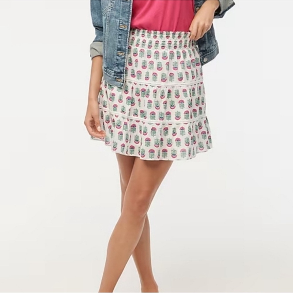 NWT J. Crew Floral Smocked Tiered Mini Skirt White Vivid Pink Women’s Small